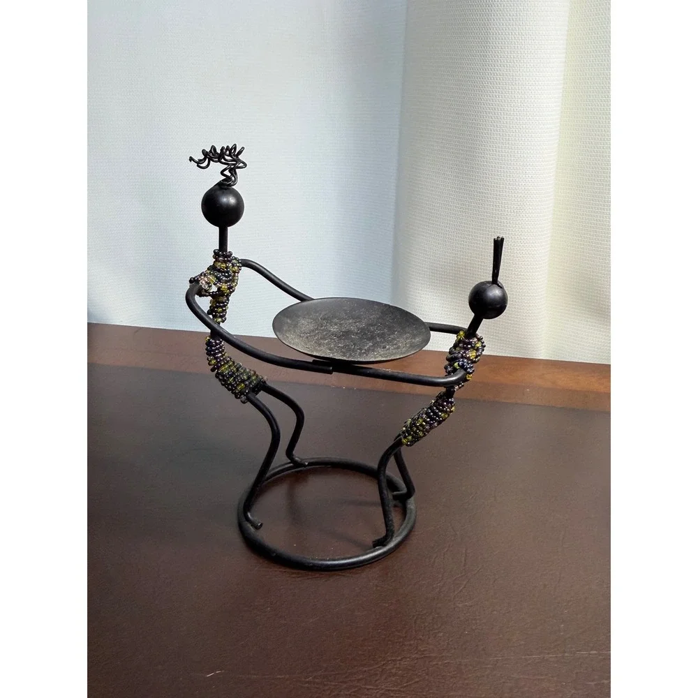 Vintage Wrought Iron Beaded Tribal Figure Candle Holder Black Metal Folk Art
